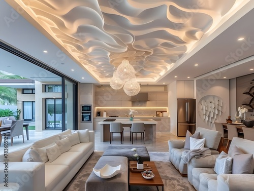Captivating Textured Ceiling Elevates the Ambiance of this Luxurious and Minimalist Modern Living Space