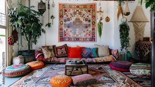 Cozy and Eclectic Bohemian Living Room with Textured Tapestries and Vibrant Cushions