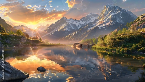 A breathtaking sunrise over the mountains  casting golden hues across an alpine lake  reflecting in its crystal clear waters