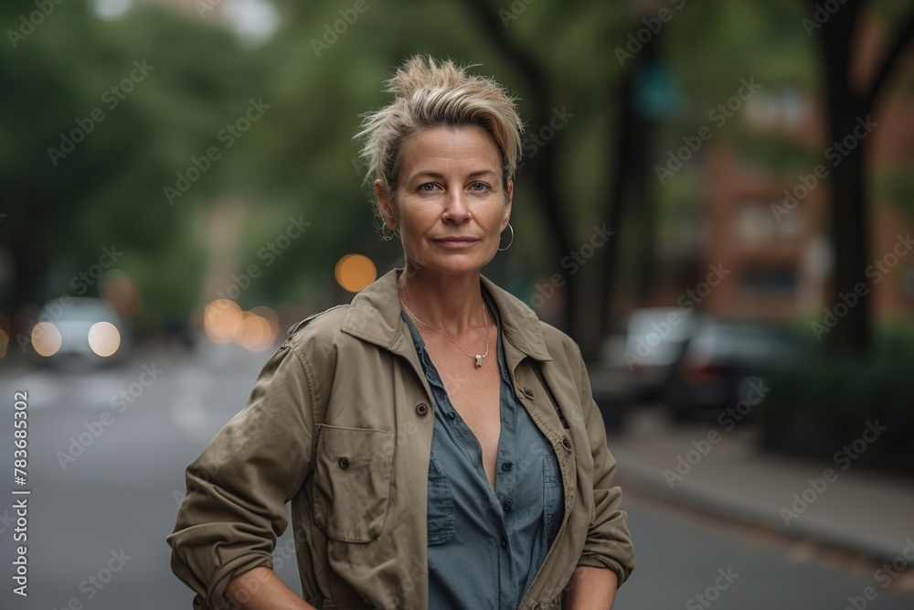 A woman in a tan jacket stands on a city street A woman in a tan jacket stands on a city street