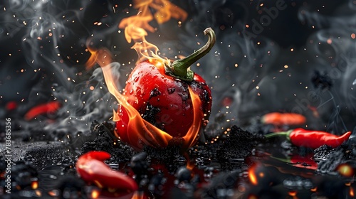 Explosion of Scorching Red Hot Chili Pepper Engulfed in Raging Inferno