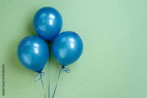 Bunch of blue  balloons on green background and copy space for text. Celebration background concept for birthday, party. AI Generated. 
