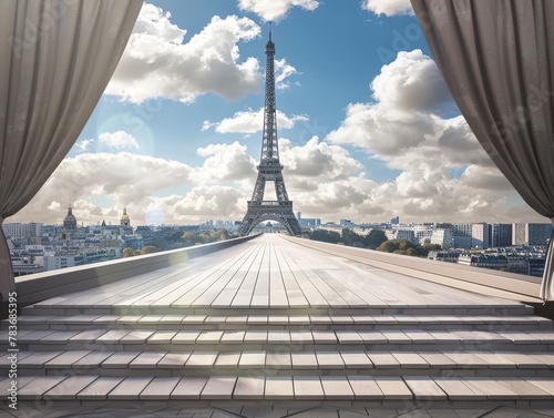 A chic Parisian fashion runway podium with Eiffel Tower backdrop for highend fashion items