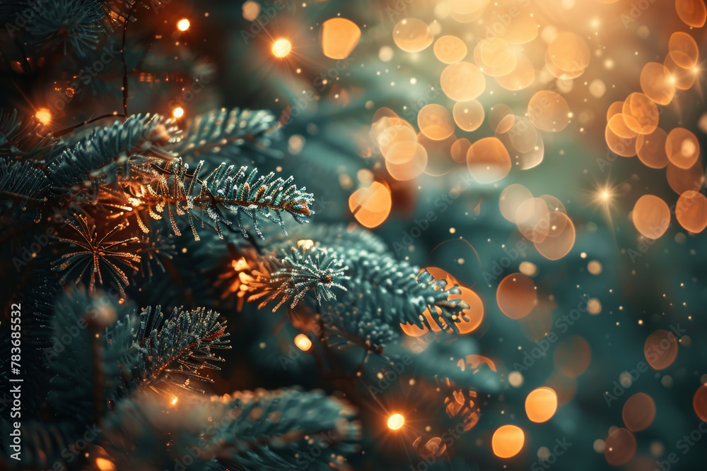 Fototapeta premium Enchanting Winter Fir Branches with Twinkling Golden Bokeh Lights