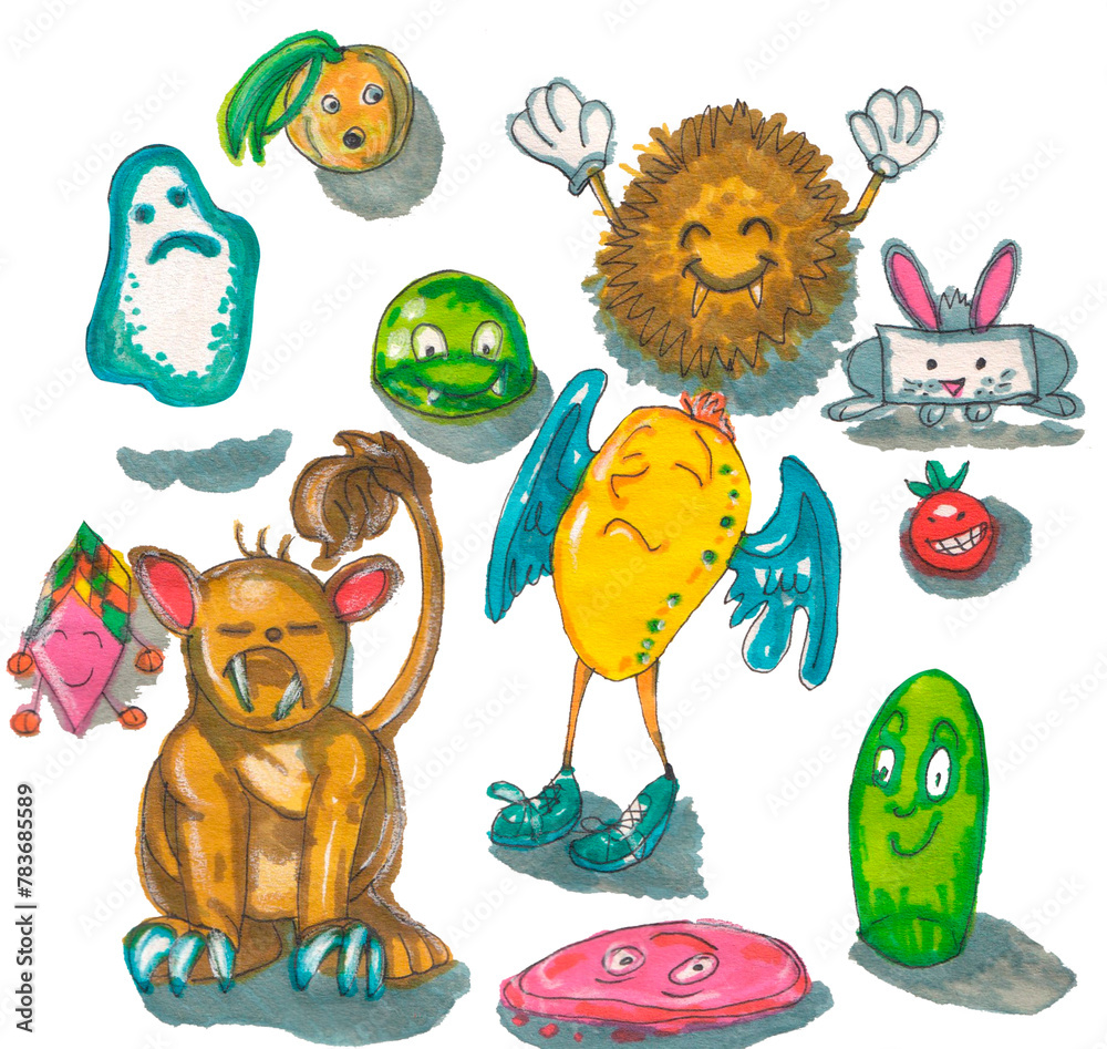 Naklejka premium Funny cartoon monsters. Set of cartoon scary colorful monsters, ghost.