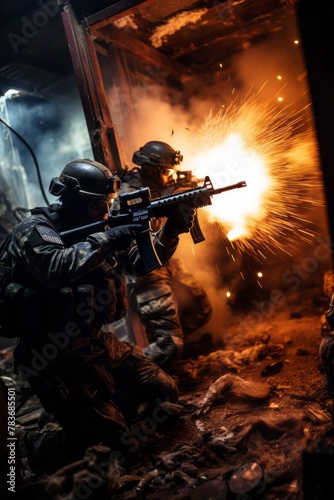 Tactical unit members breaching a fortified enemy bunker using explosive charges