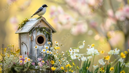 A charming birdhouse with small flowers and sparrow sitting on branch of a tree © AH