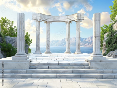 A Greek amphitheater podium with marble columns and Mediterranean views, for classic and architectural items