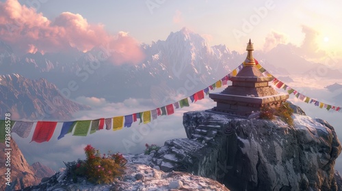 A Himalayan mountaintop podium with prayer flags and serene views, for spiritual and wellness products