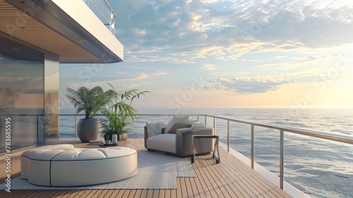 A luxury yacht deck podium with ocean vistas for highend maritime and lifestyle products photo
