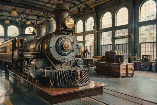 A vintage train station podium with steam locomotive, for travel accessories and nostalgia items