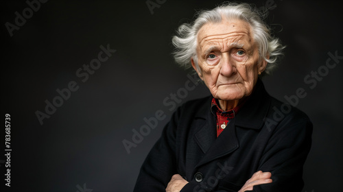 Retrato de un hombre mayor  con pelo canoso sobre fondo negro photo
