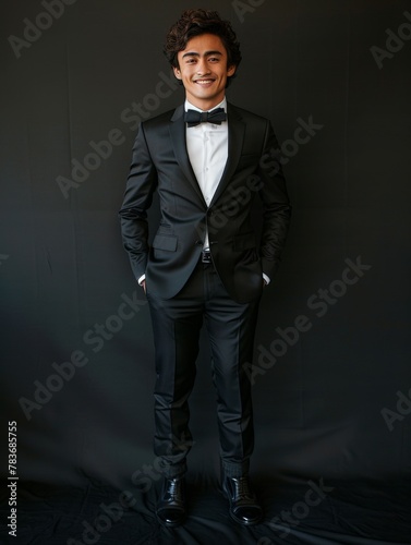 Stylish man poses in tuxedo photo