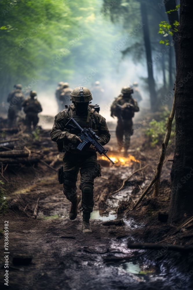 Naklejka premium A group of soldiers, part of a tactical unit, are seen navigating through a dense forest environment. They appear to be on a mission, with a focus on securing the area and ensuring safety