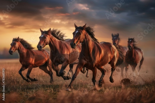 Horses galloping in field at sunset, creating a picturesque natural landscape © Александр Раптовый