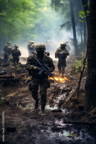 A group of soldiers, part of a tactical unit, are seen navigating through a dense forest environment. They appear to be on a mission, with a focus on securing the area and ensuring safety