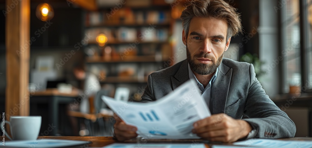 handsome businessman working on document at office room, Generative Ai handsome businessman working on document at office room, Generative Ai