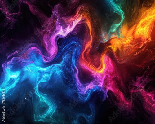 An abstract digital art background with vibrant swirls of neon colors against a dark moody canvas