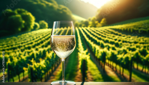 Closeup of a sparkling glass of white wine, green vineyard rows in soft focus