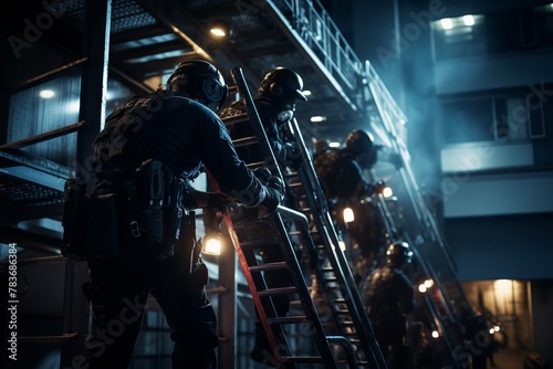 A group of men, likely tactical unit members, standing at the top of a ladder. They are using the ladder to access an elevated area, possibly for tactical advantage or rescue operations photo