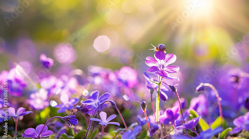 blossoms of flowers with a small snail ON a stem, more flowers in the background