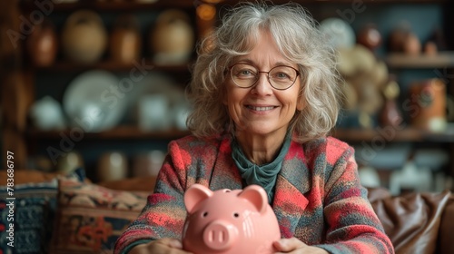 close up portrait of happy elderly woman with pink piggy bank, happy retirement, financial planning for silver gen, Generative Ai photo