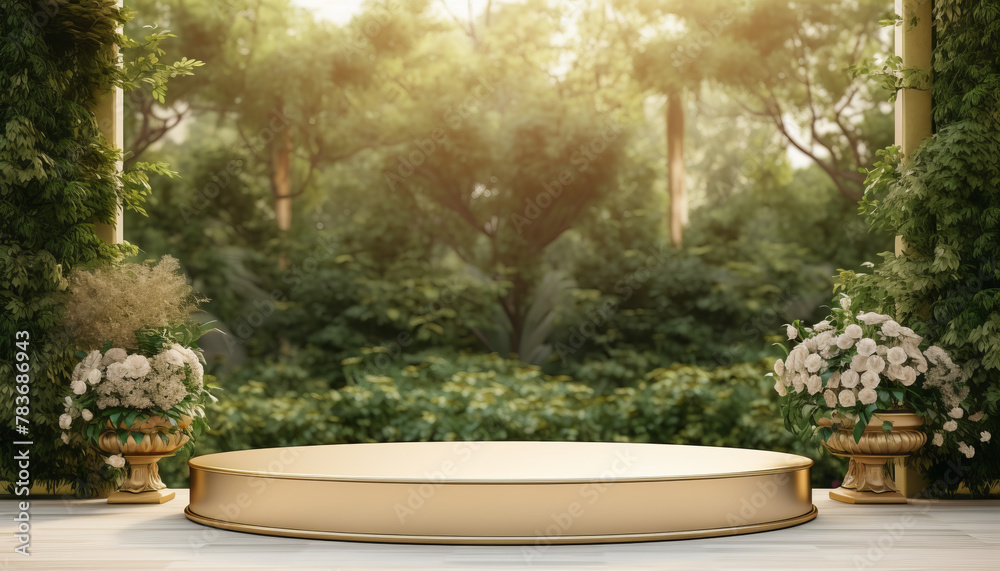 A gold podium in a lush green sunlit forest setting. A gold podium in a lush green sunlit forest setting.