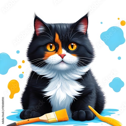 Playful Tuxedo Cat with Paintbrush and Color Splashes 