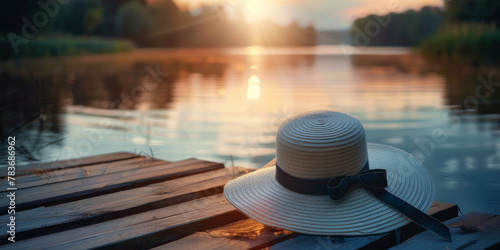 Serene Lakeside Sunset with Elegant Summer Hat on Wooden Pier photo