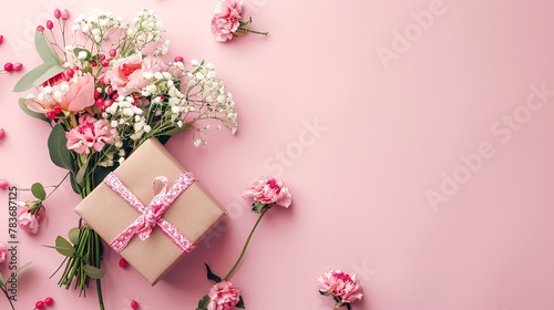 top view of flowers and gift on pink  tables photo