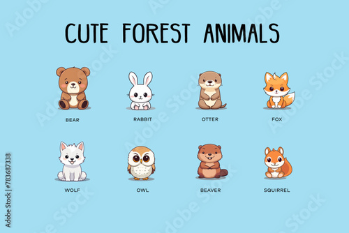 collection of chibi cute forest animals flat colourful illustration