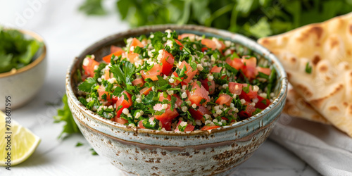 Fresh Homemade Tabbouleh Salad in Rustic Bowl