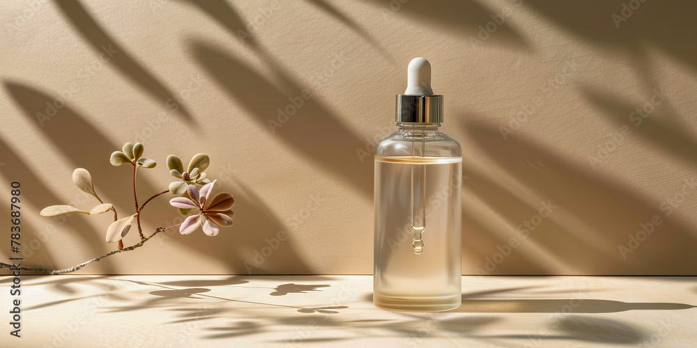 Serene Natural Skincare Essence with Plant Shadows on Neutral Background