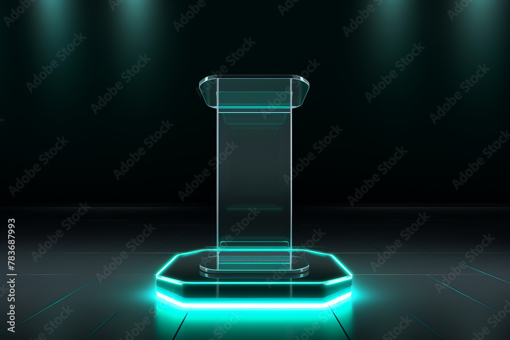 A podium made of glass with a blue light on the bottom and spotlights shining down on it. A podium made of glass with a blue light on the bottom and spotlights shining down on it.