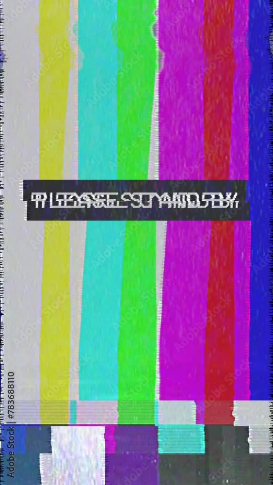 Retro TV Test Pattern Color Bars And Warning Text Please Stand By - Television Test Card Transmission No Signal Broadcast With Glitch Distortion Noise Static Bad Interference Effects - Vertical Video
