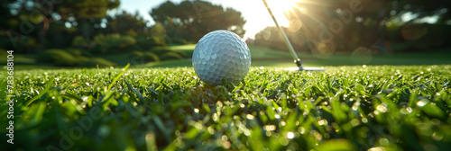 Sunlit Golf Course with Close-Up on Golf Ball and Tee at Dawn