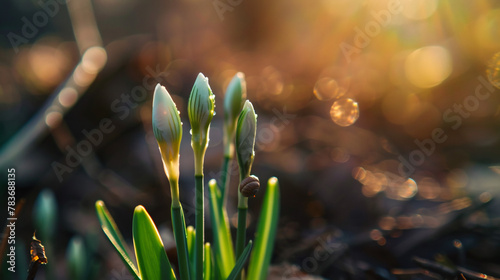 blossoms of flowers with a small snail ON a stem, more flowers in the background