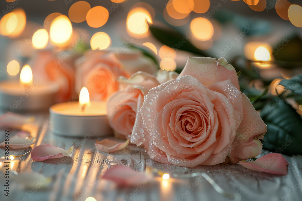 Romantic Candlelit Evening with Dew-Kissed Roses and Warm Glow