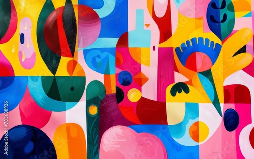 A colorful painting with a variety of shapes and colors