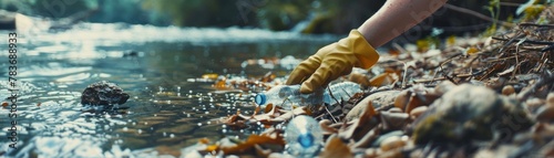 A panoramic close-up of hands in gloves picking up plastic bottles and trash from a riverbank, highlighting the urgency and collective responsibility of water pollution cleanup.