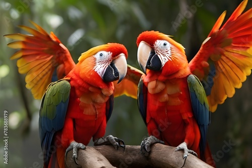 Two Scarlet Macaws Come in To Land in a Remote Amazon Location Generative AI © Jaon