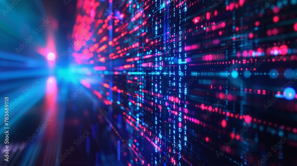 Glowing Digital Data Stream With Binary Code and Neon Lines in Virtual Cyberspace Representing Fast Technology and High-Speed Connection
