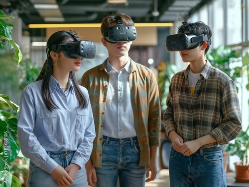 Three people wearing virtual reality goggles are standing in a room. They are looking at a plant. Scene is curious and adventurous