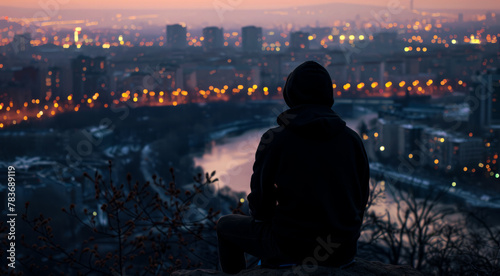  a man sits on a rock and looks at the city panorama in the evening. 