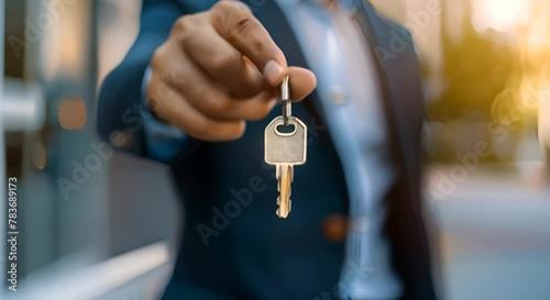 Realtor holding a house key. New beginnings, homeownership, and the dreams tied to acquiring a new home. Real estate concept. Panorama with copy space. photo