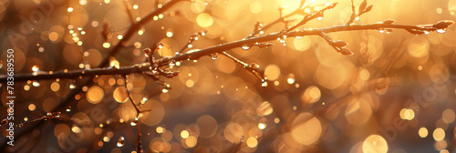 Golden Hour Dewdrops on Branch with Bokeh Background