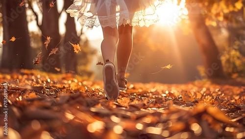  A girl is running in the park, with sunlight shining through leaves on her legs and feet. The ground covered by fallen leaves creates an atmosphere of autumn beauty photo