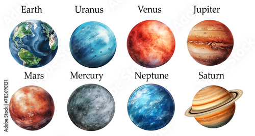 set of eight clipart planets watercolor illustration isolated on transparent background 