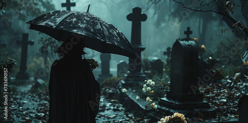 person with flowers and black umbrella at funeral, miserable woman at rainy cemetery