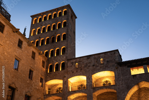 Barcelona, Spain, Plaça del Rei: Mirador del Rei Martí, located next to the Palau del Lloctinent. It had functions as a watchtower, to control the city and especially the sea, evening light photo